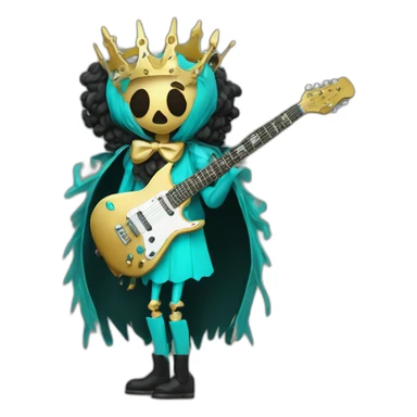 Soolking brook ;black affro cut ;turquoise electric guitar;golden crown ;skeletal face sticker