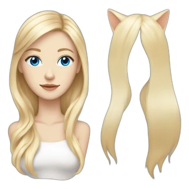 White woman with long blonde hair, blue eyes, white cat with brown eye, blue eye sticker