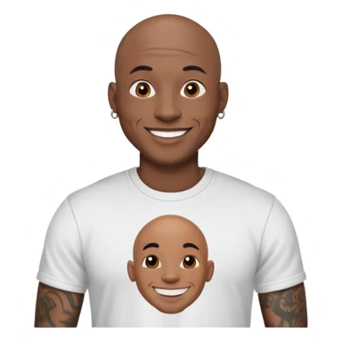 bald black man with full face tattoos, smiling, wearing a t-shirt sticker