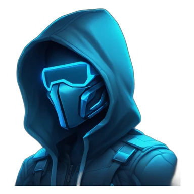 Side view developer behind his laptop with this style : Riot Games Valorant neon glowing bright blue character blue black hooded assassin themed character sticker