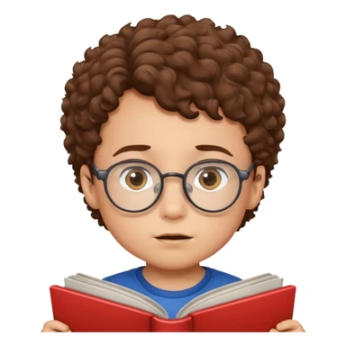 little boy with brown curly hair, wearing glasses, reading comic book sticker