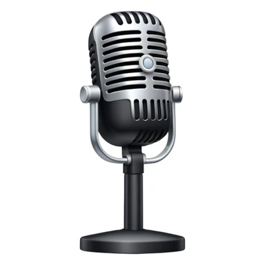 An emoji of a classic microphone. A sleek, metallic design with a black grille on top, slightly angled as if ready for speaking or singing. Simple, modern, and professional look sticker