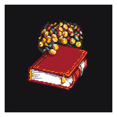 pixel art style, a red book opened with glowing ideas and coins flying out, spotlight effect sticker