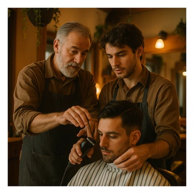 Inside a cozy barbershop with soft lighting, an experienced barber gently teaches his apprentice, guiding his hands as they cut hair together. The room is filled with warmth, plants hanging from the ceiling, and the hum of clippers sticker
