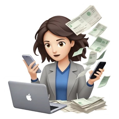 woman holding a phone in one hand, laptop open in front, storm of receipts, invoices, and reminders swirling around, multitasking chaos sticker