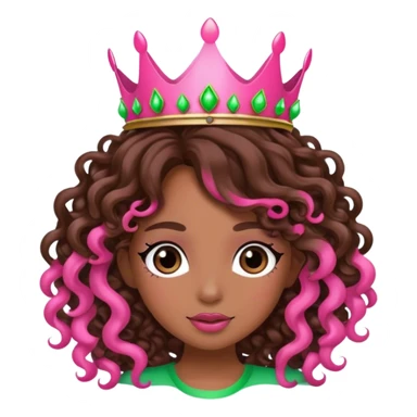 Brown girl diva long curly brown hair with pink and green crown sticker