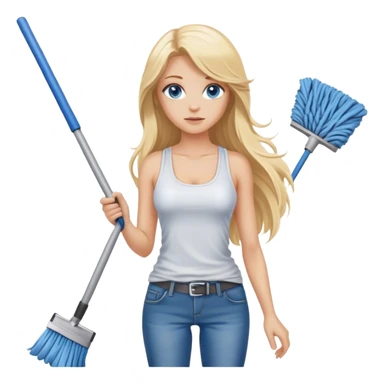 Cinematic realistic blonde with long hair and blue eyes, dressed in jeans and a tank top, holding a mop in her hands sticker