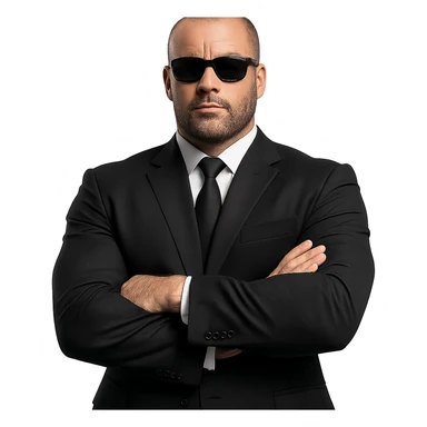 muscular bodyguard with arms crossed, wearing black suit and sunglasses sticker