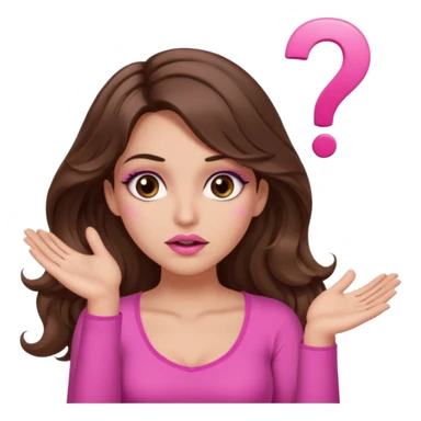 girl with long wavy brown hair, brown eyes, long lashes makeup, sexy pink lips, light to medium complexion, pink sexy top,, shrugging with both hands, confused, question mark sticker