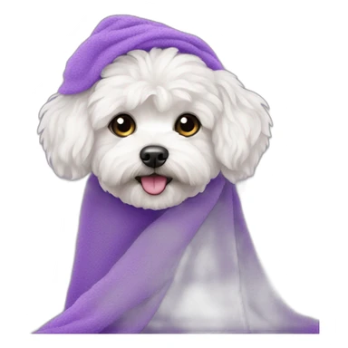 White maltipoo with purple towel sticker