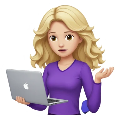 lady with long blonde wavy hair, purple top throwing her with a laptop looking defeated sticker