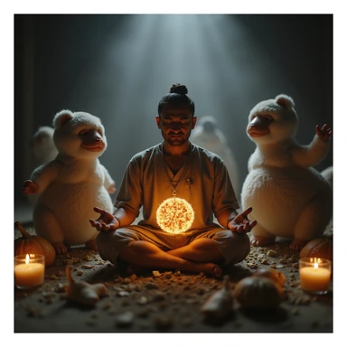 hyperrealistic 4K image of a man meditating before eating, food glowing with nutritional data, gut microbiome characters in the background, Zen aesthetics, reference image for likeness sticker