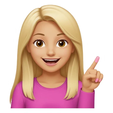 blonde tan girl with long straight hair brown eyes laughing and pointing with one fringer at me wearing oink  sticker