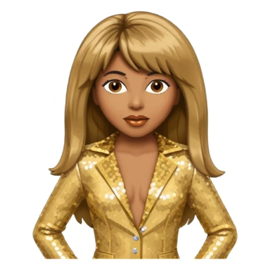 Tina Turner with long brown straight hair, gold sequin outfit sticker