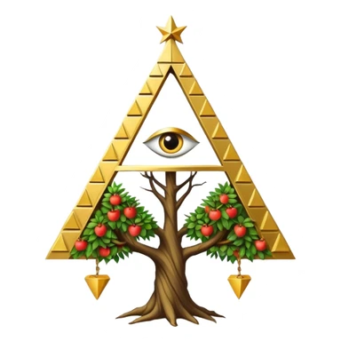 Annunaki tree from Garden of eden, that is actually a ancient tech antenna with illuminati all seeing eye in traingle symbol at the top and with little pyramids hanging like apples sticker