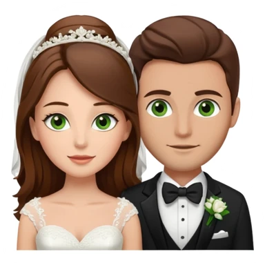 Brown hair bride and groom, bride (woman) has brown eyes, groom (man)  has green eyes, black suite sticker