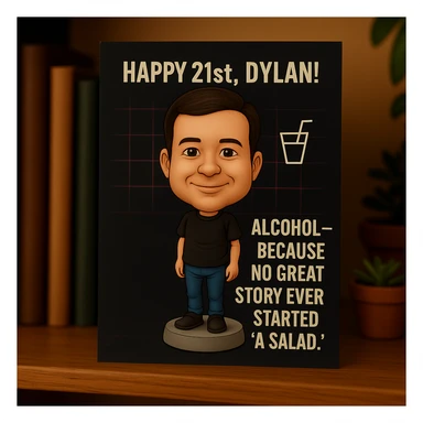 Add a birthday message: 'Happy 21st, Dylan! Wishing you a legendary year ahead.' Keep Dylan as a bobblehead character, minimal neon grid background, one drink icon, bold chrome text for the quote, and maintain the clean, balanced layout in the bobblehead style sticker