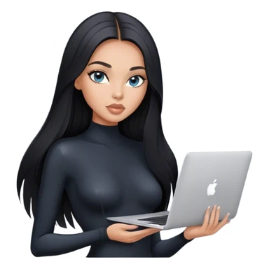 Glamours tanned very beautiful girl with pump peach nude lips and black straight smooth long hair, blue-grey eyes in black bodysuit with MacBook sticker