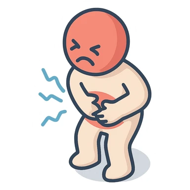 torso of a little person holding stomach, grimacing in pain, pain waves around, 2d isometric style, shadows and highlights, torso, stomach, and arms, transparent background sticker