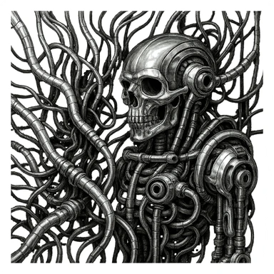 Transform the organic wires and mechanical elements to look metallic, with shiny chrome and steel, Giger-esque, detailed and eerie. sticker