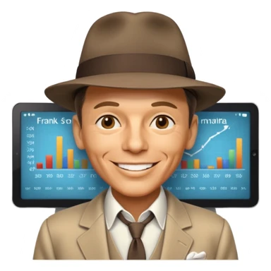 Frank Sinatra with the hat on, smiling and showing data analytics on a screen in the background sticker