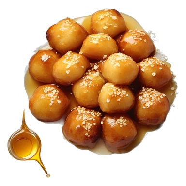 Greek loukoumades in a plate with honey drizzle and sesame seeds sticker