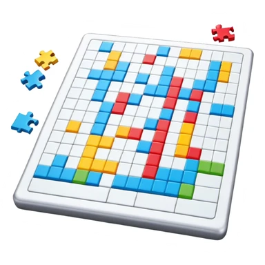 A photorealistic icon with a crossword magazine, a 3D puzzle and a partially completed puzzle on a table. Bright, detailed design with realistic lighting. Transparent background, clearly symbolizing puzzles and brain games. sticker