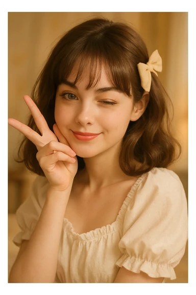 coquette girl with midi dark brown slightly wavy hair, bright skin, greenish hazel eyes, small cute lips, in a charming and playful pose sticker
