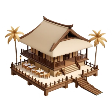 Isometric exterior brown and beige luxury Balinese beach resort restaurant, dollhouse style 3D realistic  sticker