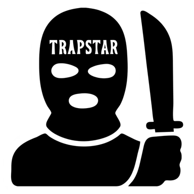 Black person with English appearance wearing a Trapstar balaclava, holding a black machete knife sticker