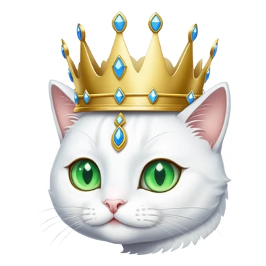white cat with one green eye and one blue eye, wearing a princess crown sticker