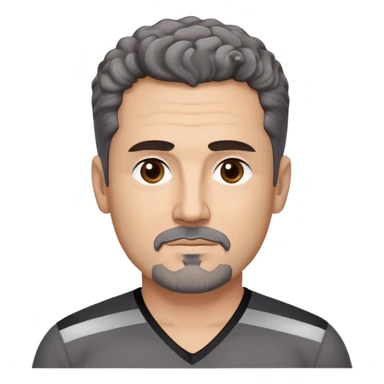 Man in his early 50s with tan complexion. Strong square jawline. Dark brown eyes with focused expression. Thick eyebrows. Black goatee with subtle gray hairs. Short curly dark hair with slight receding hairline. Slight confident smile. Wearing a black V-neck shirt with gray stripes. sticker