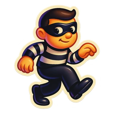 thief emoji with a mask, black and white suit, tiptoeing, playful vibe sticker