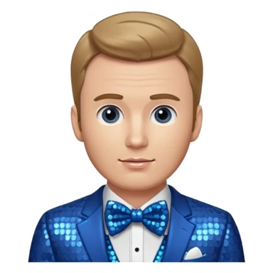 Chris Evans with dark blonde hair, blue sequin suit with bow tie sticker
