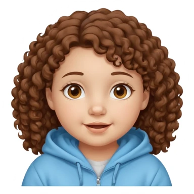 A girl with brown curly hair and chubby cheeks brown eyes and a happy face she has a baby blue hoddie sticker