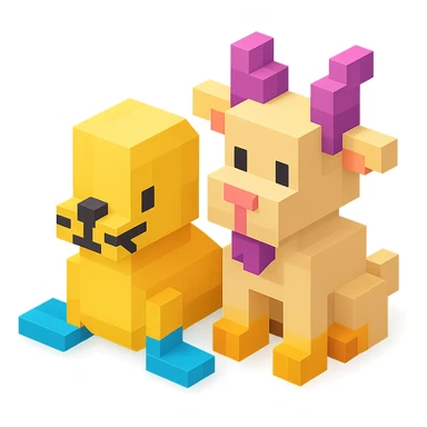 a seal and a goat sitting together, Roblox avatar style, 3D look sticker