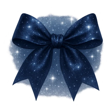 Add extra glitter and sparkling effects to the midnight bow made of deep blue satin, with subtle silver sparkles, a soft glow, and a mysterious, elegant vibe. Keep the background transparent. Maintain the look of a midnight bow with deep blue satin fabric and silver sparkles. sticker