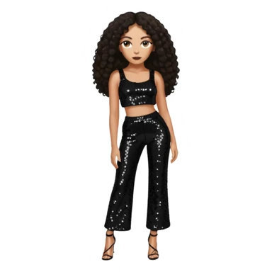 Solange with long dark brown hair, black sequin crop top, black sequin pants sticker