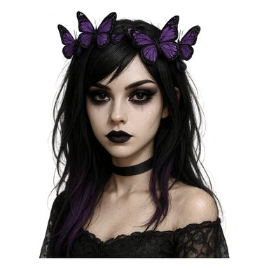 emo girl with dark hair, purple highlights, gothic makeup, butterfly crown, mysterious and elegant sticker