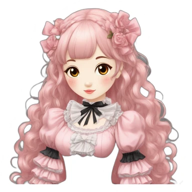 Vestido rosa pastel y negro gothic lolita, cuerpo completo, color de piel morena, pelo largo, pelo de color rojo y negro sticker