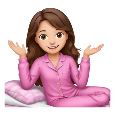 Brunette girl with long wavy brown hair with brown eyes and slapping on a withe bed with cute pink pjs sticker