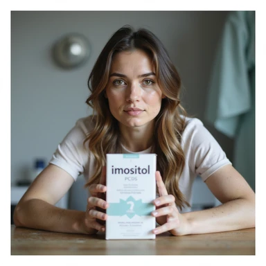 realistic photo of a woman with PCOS sitting at a table, showing a box of inositol towards the camera, face with acne marks, chin facial hair, thin hair, clinical environment, soft light sticker