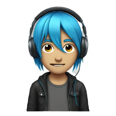 Emo with blue hair and a headphones and unsmile sticker