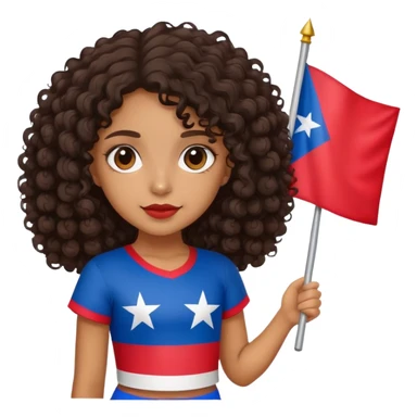 Tan skin girl with dark curly hair holding a Puerto Rican flag sticker