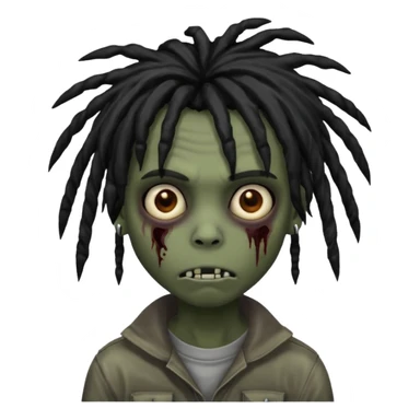 emo zombie boy, black shaggy dreads, medium long, dark and spooky, creepy expression, iOS emoji style sticker