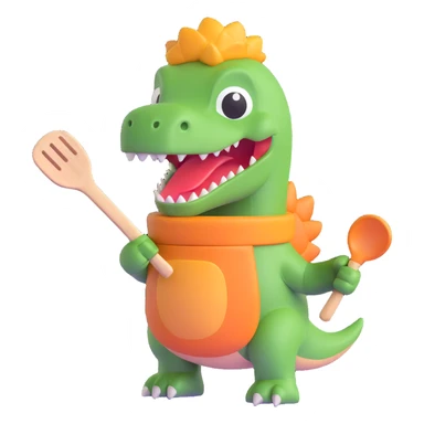 dinosaur with a spatula and oven mitts, ready to cook, 3d emoji style sticker