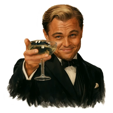 Сделай знаменитый мем с Ди Каприо из Великого Гэтсби, слегка рисованный, но при этом реалистичный объемный стиль, прозрачный фон sticker