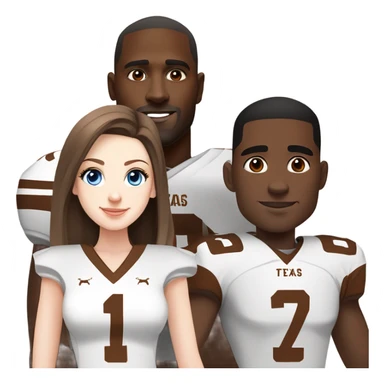 Beautiful girl, pale skin, blue eyes, long straight beautiful light brown hair, wearing Texas Longhorn football cheerleading uniform, standing next to handsome black man with short black hair wearing Texas longhorn football jersey sticker