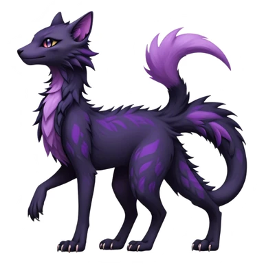 Kawaii dark black purplish blackish edgy fantasy ethereal feline-vernid-sergal-fursona animal creature with a tufted tail full body with intricate markings  sticker