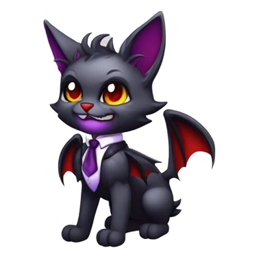 Anthro-Cute-Evil-Vampiric-Batty-Cat-Black-Purple-Red-Grey-White-Yellow-Contrast-Colors-Fantasy-Fur-Sona-Chibi-Shiny-Fakémon-Hybrid with horns and big fangs neck tie leg spats full body sticker